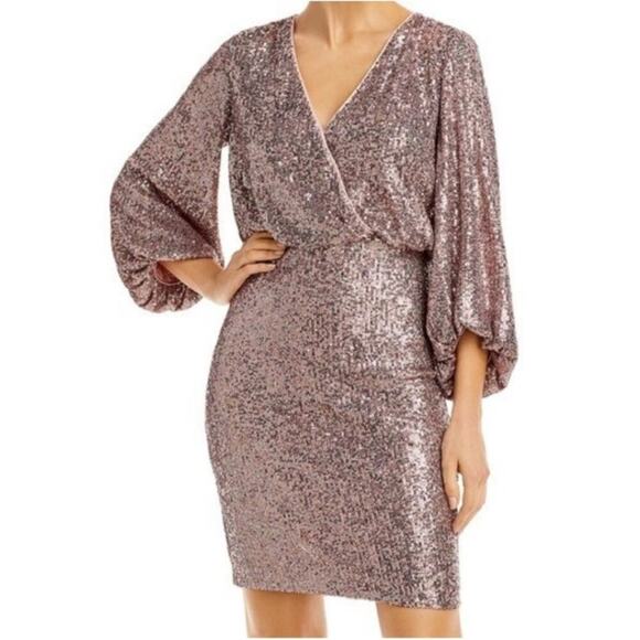 NWT Eliza J Sequin Blouson Sleeve Rose Gold Midi Cocktail Dress Size 6 - Picture 1 of 8